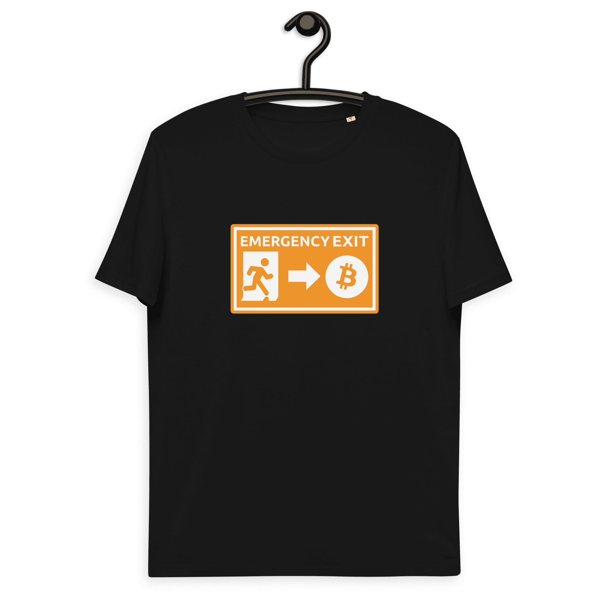 Front view of a black bitcoin t-shirt.