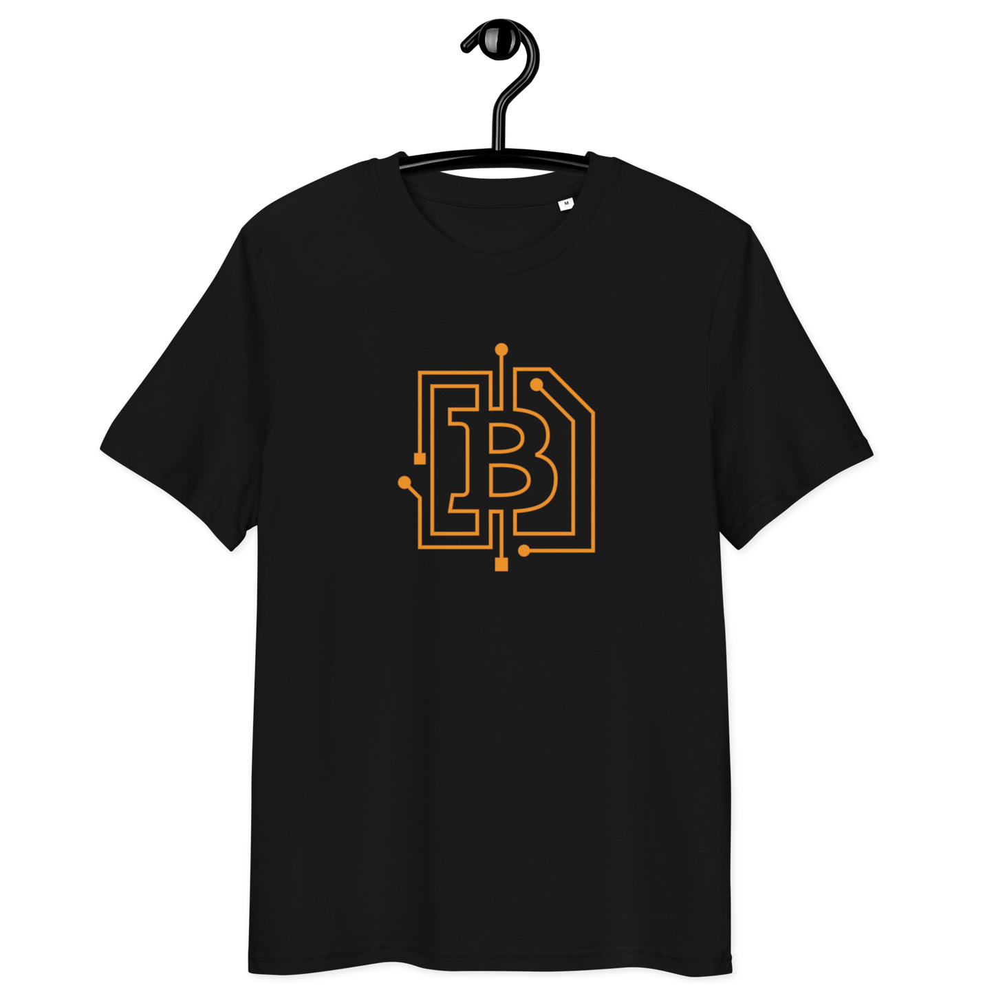 Front view of a black bitcoin t-shirt.