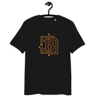 Organic cotton Bitcoin T-shirt with circuit board design and sustainability certifications