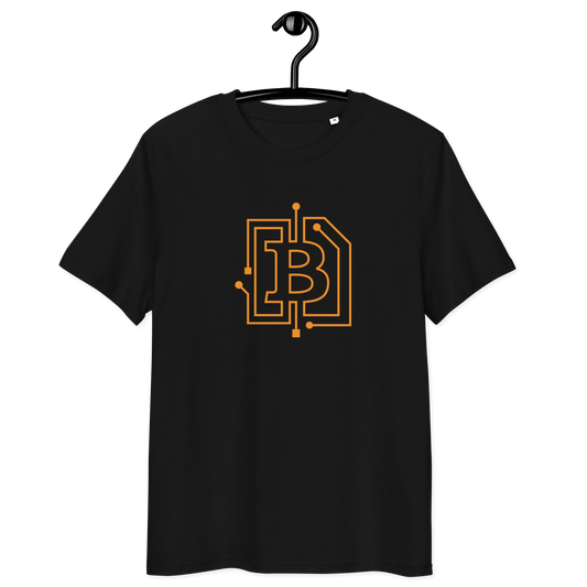 Front view of a black bitcoin t-shirt.