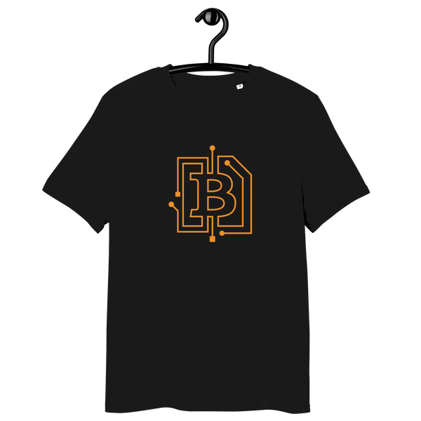 Organic cotton Bitcoin T-shirt with circuit board design and sustainability certifications