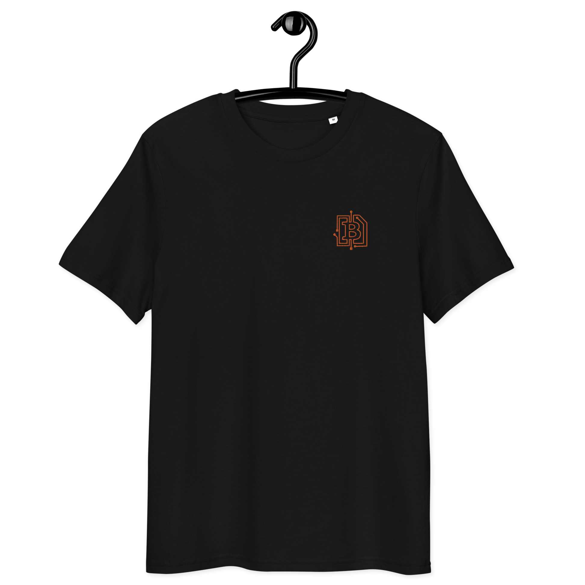 Front view of a black embroidered bitcoin t-shirt.