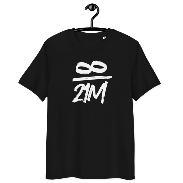 Eco-friendly 21 Million organic cotton Bitcoin T-shirt with certified sustainable logos and discreet infinity design