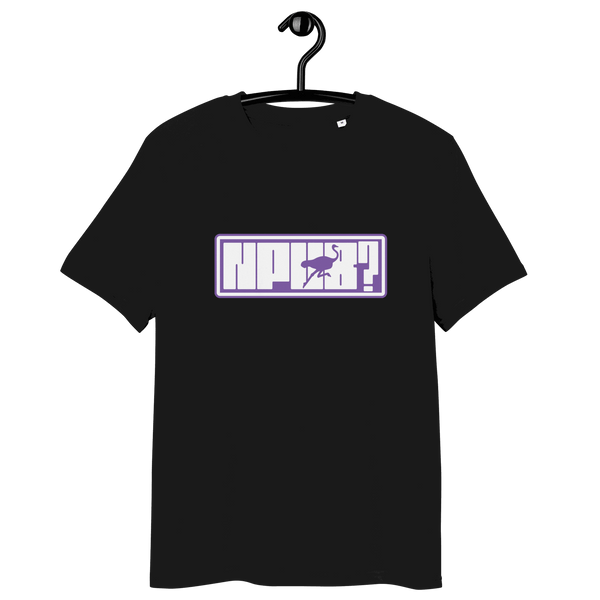 Certification logos for OEKO-TEX, PETA, GOTS, OCS, and GRS on organic cotton nPub Nostr t-shirt