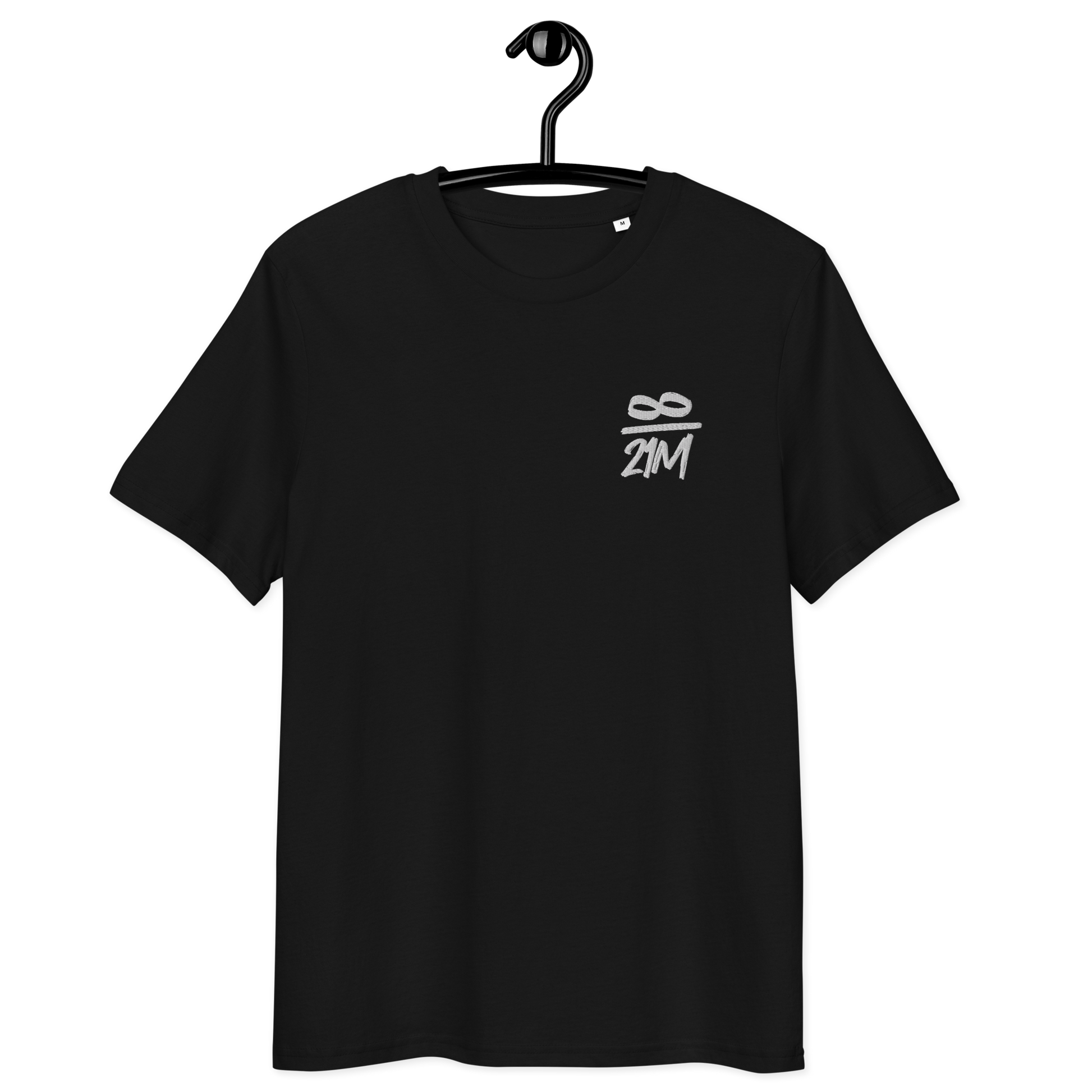 Front view of a black embroidered bitcoin t-shirt.