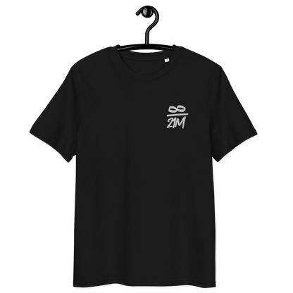 Front view of a black embroidered bitcoin t-shirt.