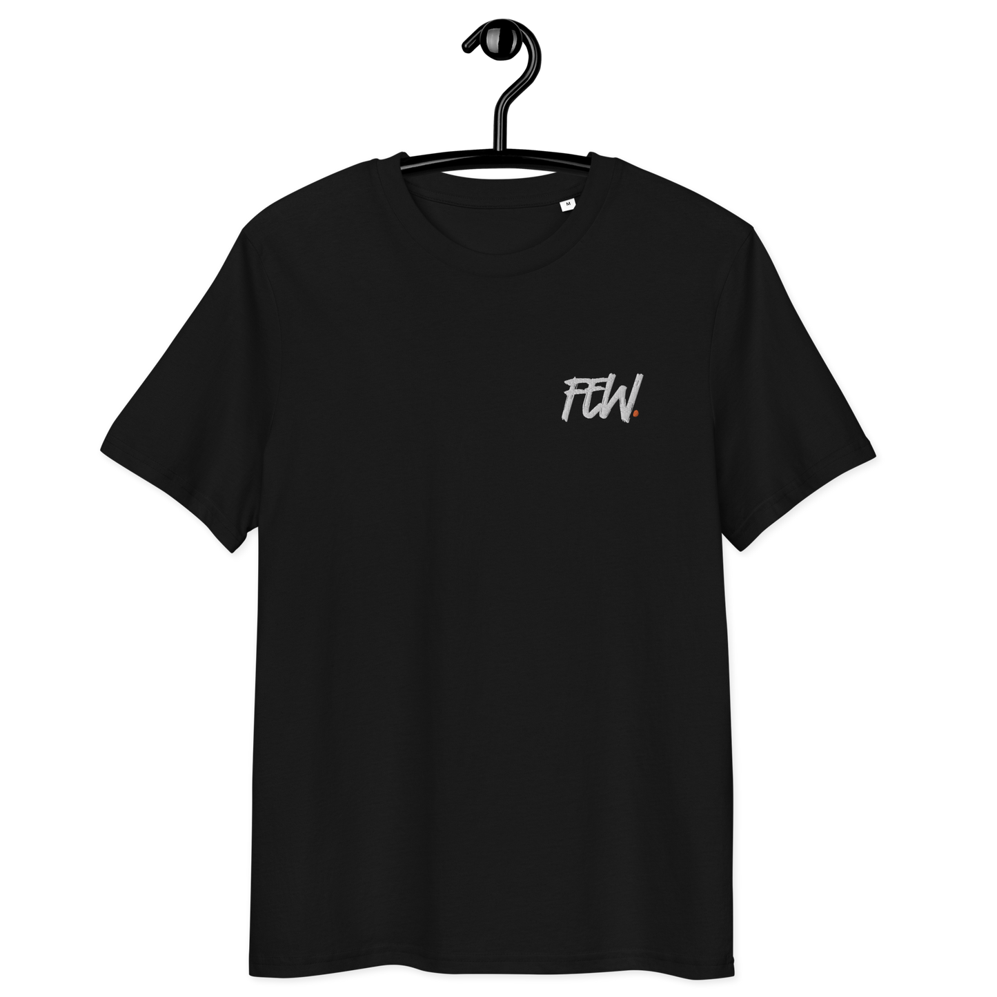 Front view of a black embroidered bitcoin t-shirt.