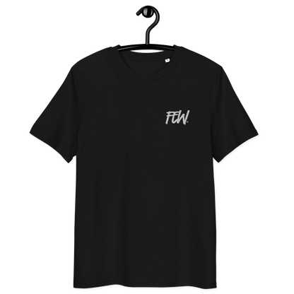 Front view of a black embroidered bitcoin t-shirt.