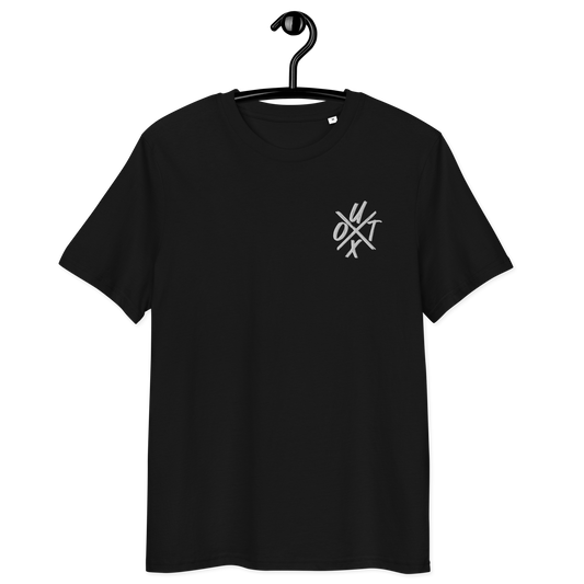 Front view of a black embroidered bitcoin t-shirt.