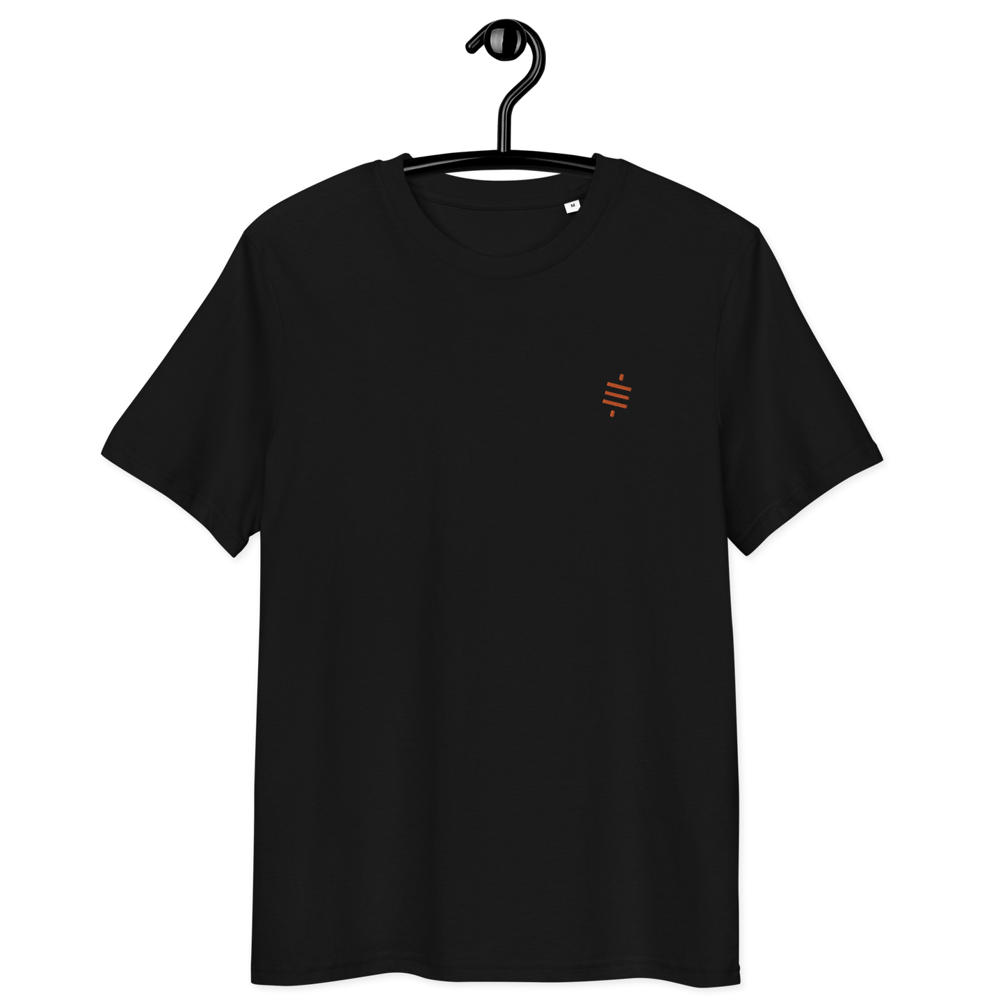 Front view of a black embroidered bitcoin t-shirt.