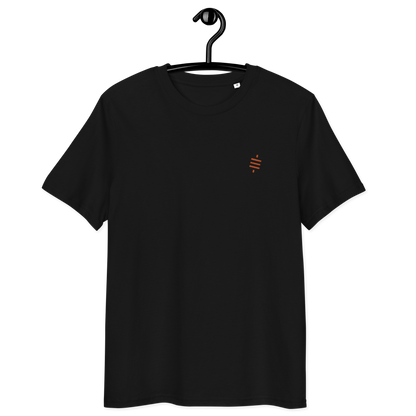 Front view of a black embroidered bitcoin t-shirt.