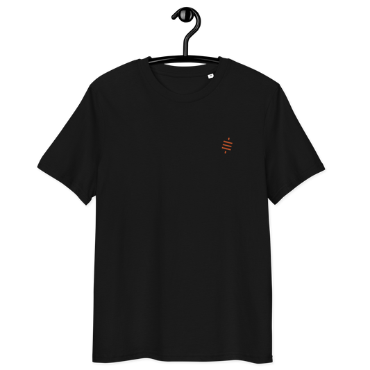 Front view of a black embroidered bitcoin t-shirt.