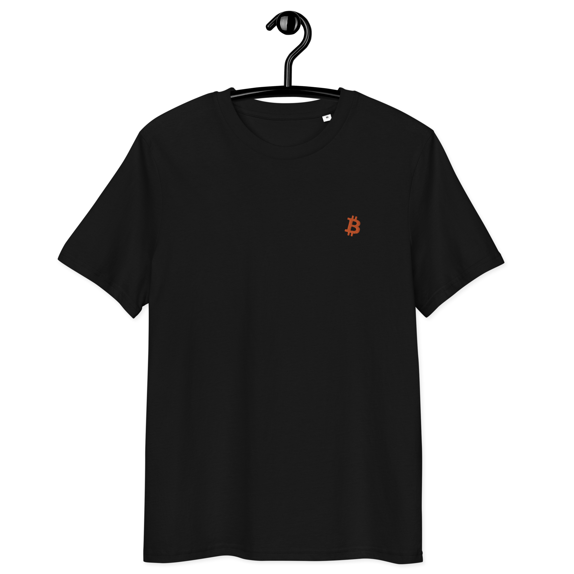 Front view of a black embroidered bitcoin t-shirt.