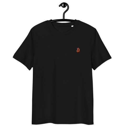 Front view of a black embroidered bitcoin t-shirt.