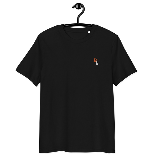 Front view of a black embroidered bitcoin t-shirt.