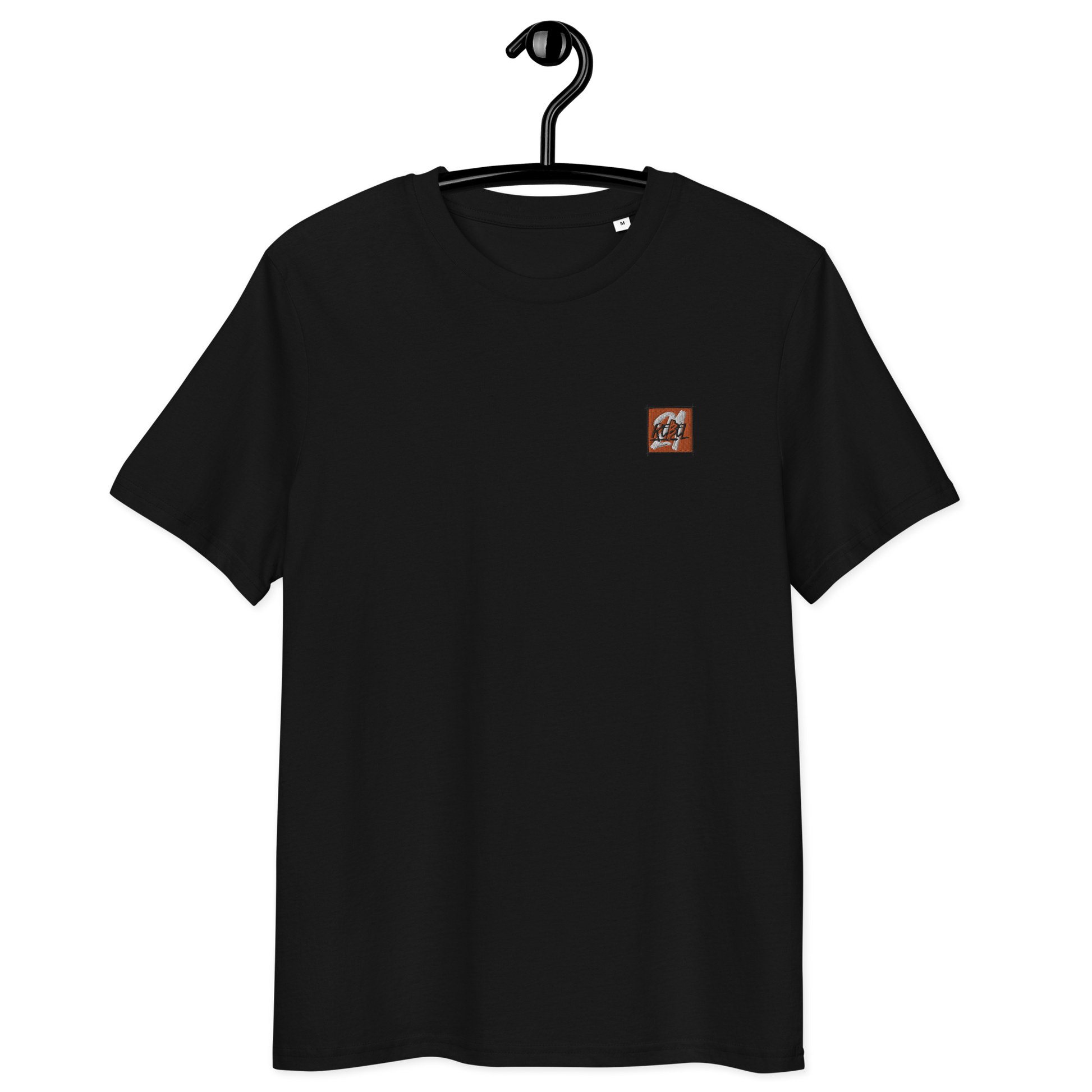 Front view of a black embroidered bitcoin t-shirt.