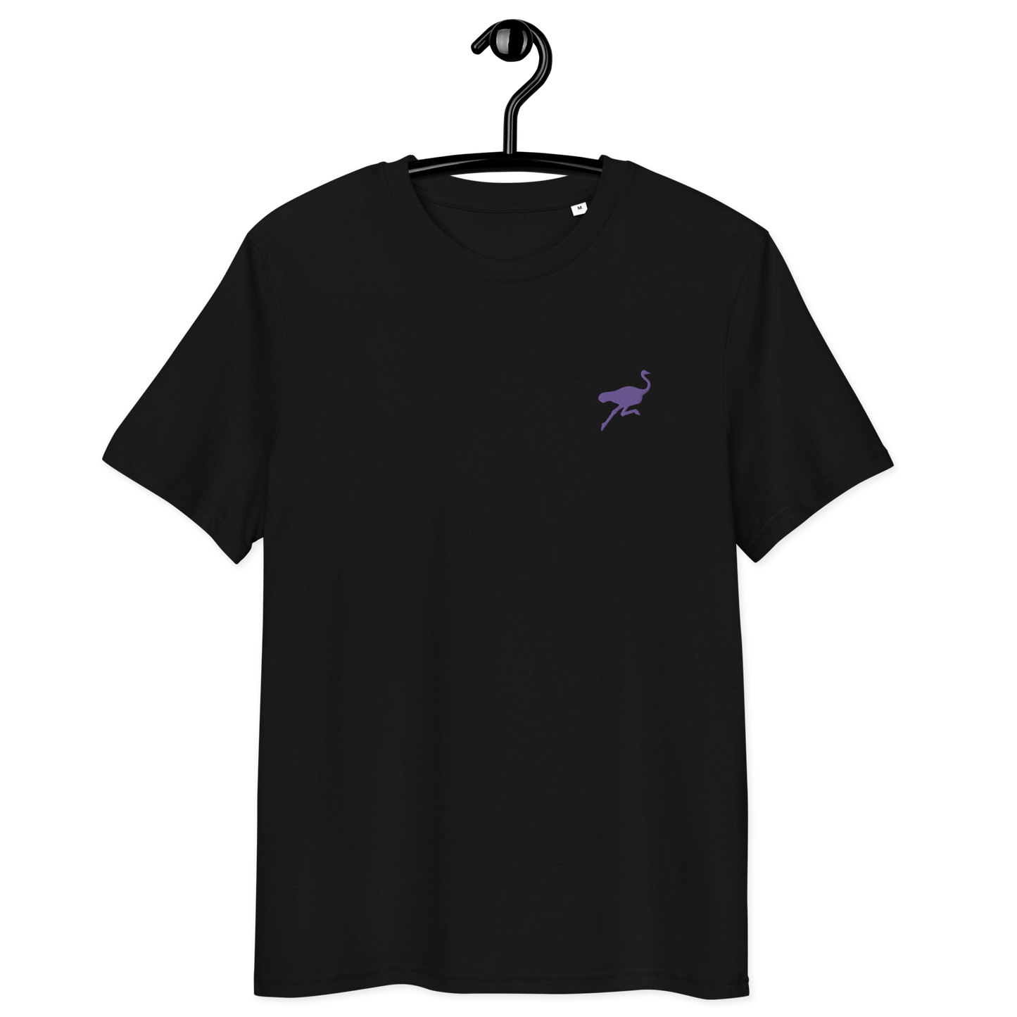 Front view of a black embroidered nostr t-shirt.