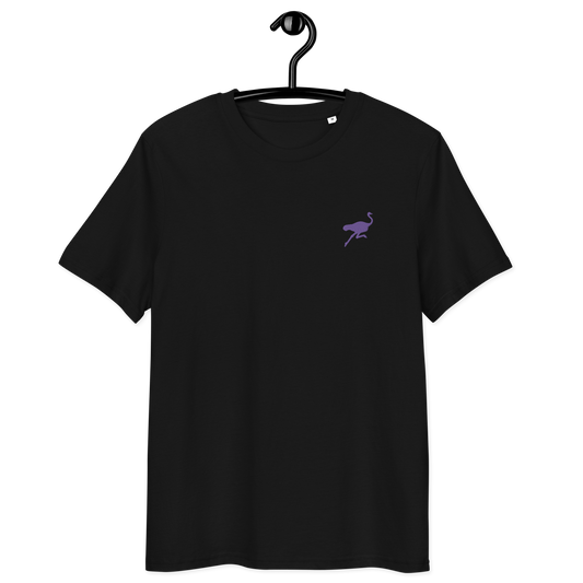 Front view of a black embroidered nostr t-shirt.