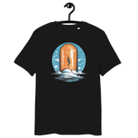 Certification logos for OEKO-TEX, PETA, GOTS, OCS, and GRS on Orange Pill organic cotton Bitcoin T-shirt product page