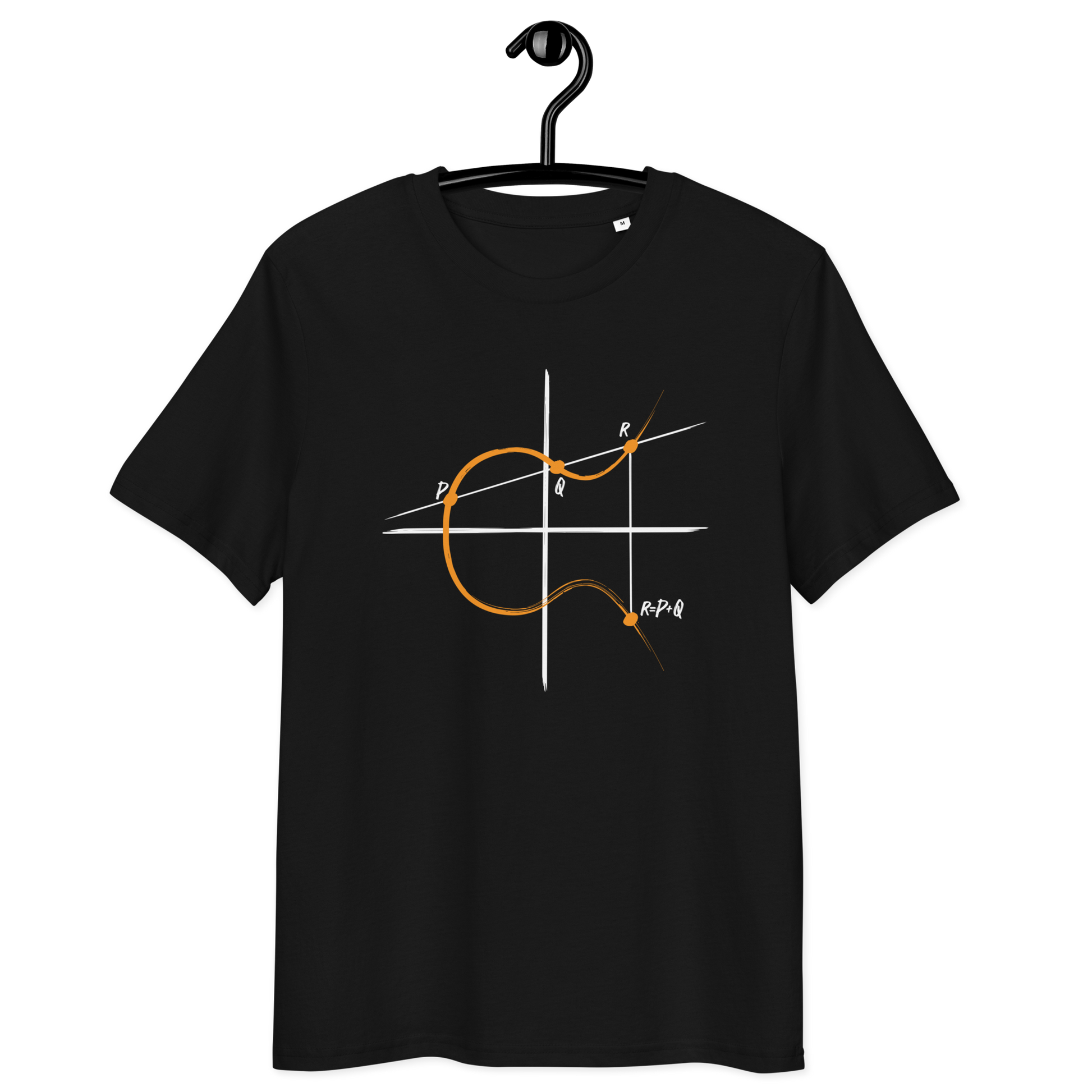 Front view of a black bitcoin t-shirt.