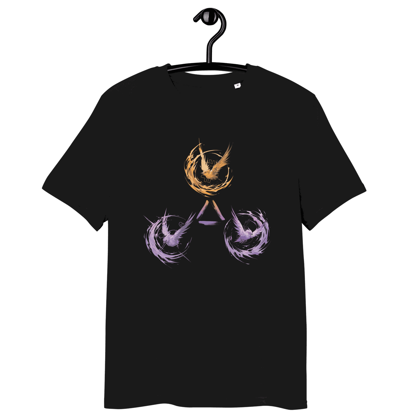 Organic cotton Bitcoin t-shirt featuring the Trinity of Freedom: Tor, Bitcoin, and Nostr with eco-friendly certifications