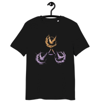 Organic cotton Bitcoin t-shirt featuring the Trinity of Freedom: Tor, Bitcoin, and Nostr with eco-friendly certifications