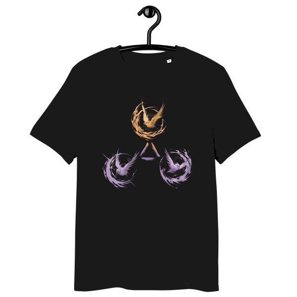 Organic cotton Bitcoin t-shirt featuring the Trinity of Freedom: Tor, Bitcoin, and Nostr with eco-friendly certifications