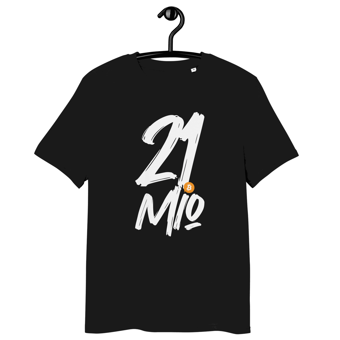 Certification logos for organic cotton bitcoin t-shirt highlighting 21 million scarcity concept