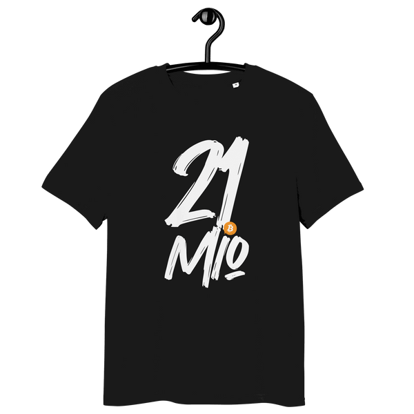 Certification logos for organic cotton bitcoin t-shirt highlighting 21 million scarcity concept