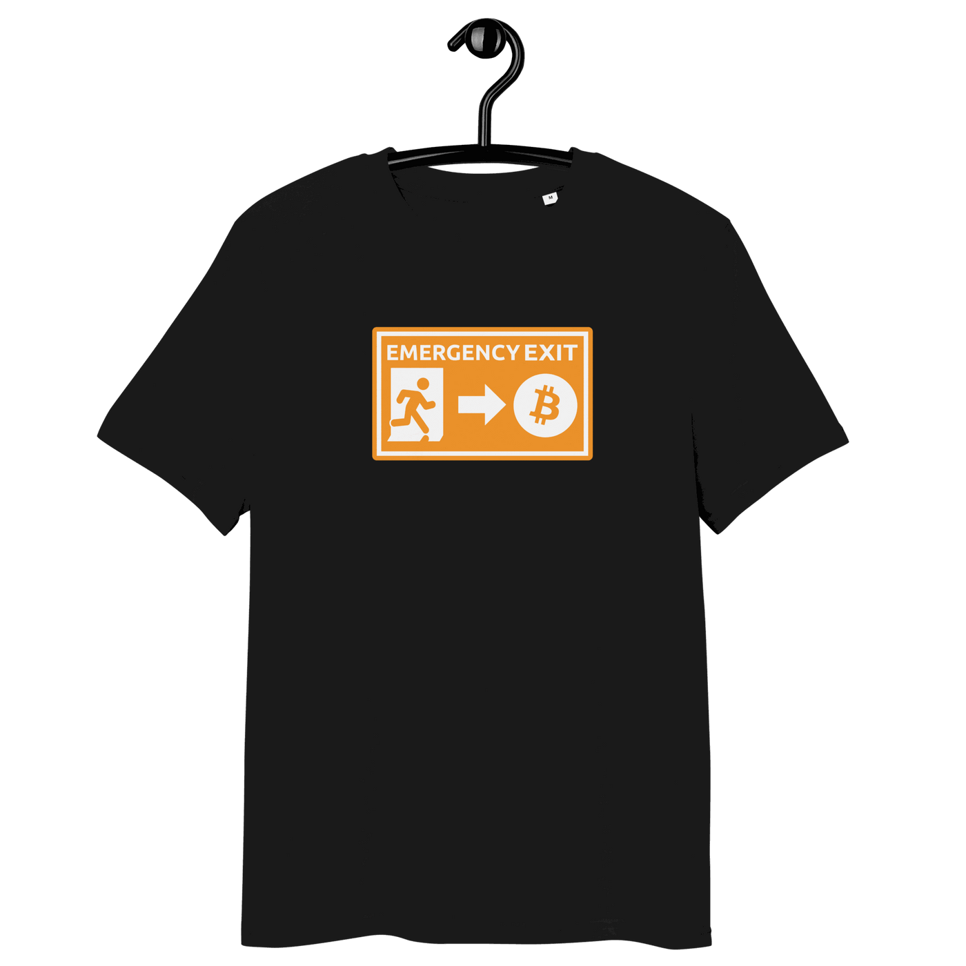 Organic cotton bitcoin t-shirt featuring emergency exit design with sustainability certifications