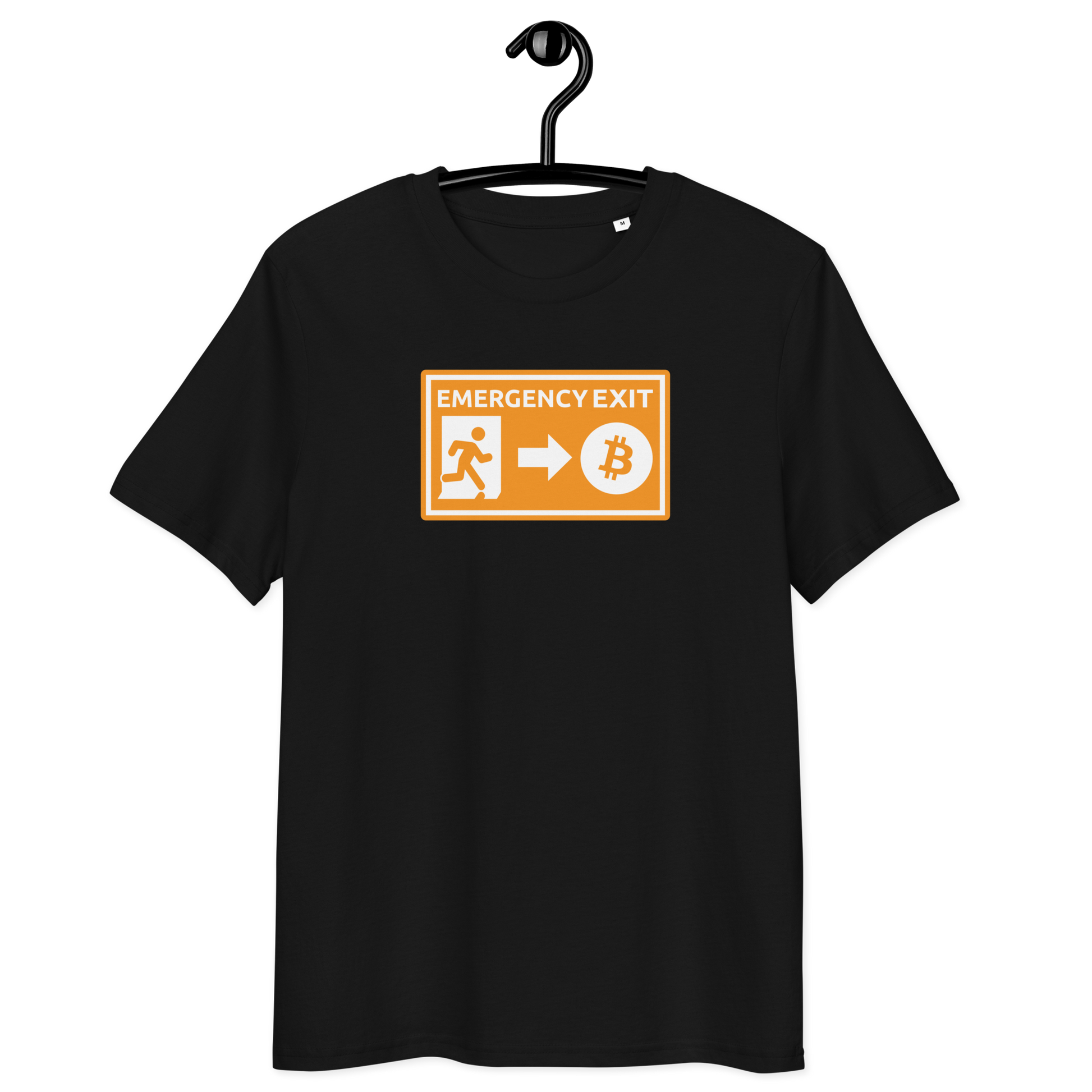 Front view of a black bitcoin t-shirt.