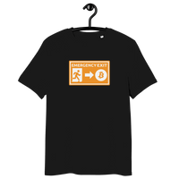 Organic cotton bitcoin t-shirt featuring emergency exit design with sustainability certifications