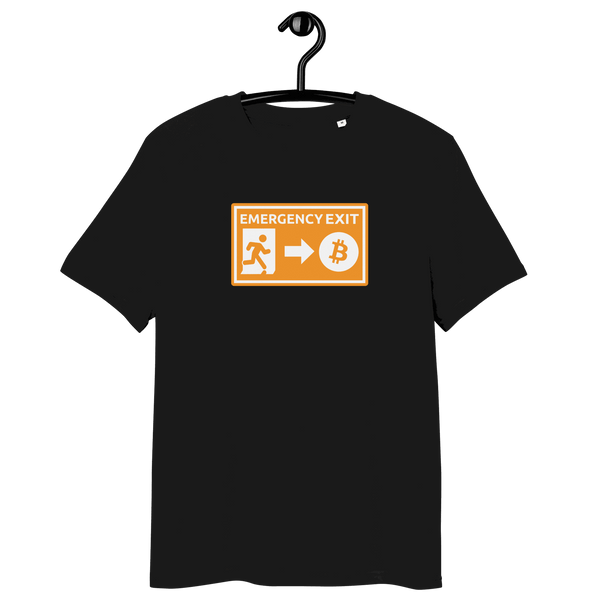 Organic cotton bitcoin t-shirt featuring emergency exit design with sustainability certifications