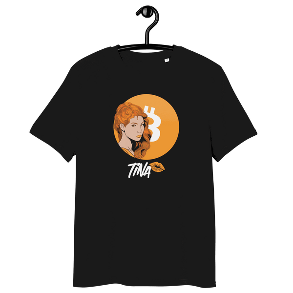 Certification logos for TINA Organic Cotton Bitcoin T-Shirt including OEKO-TEX, PETA, GOTS, OCS, and GRS