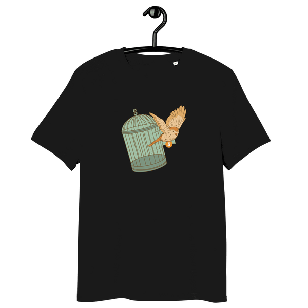 Organic cotton Bitcoin t-shirt with Escape from Fiat Madness message and eco-friendly certifications
