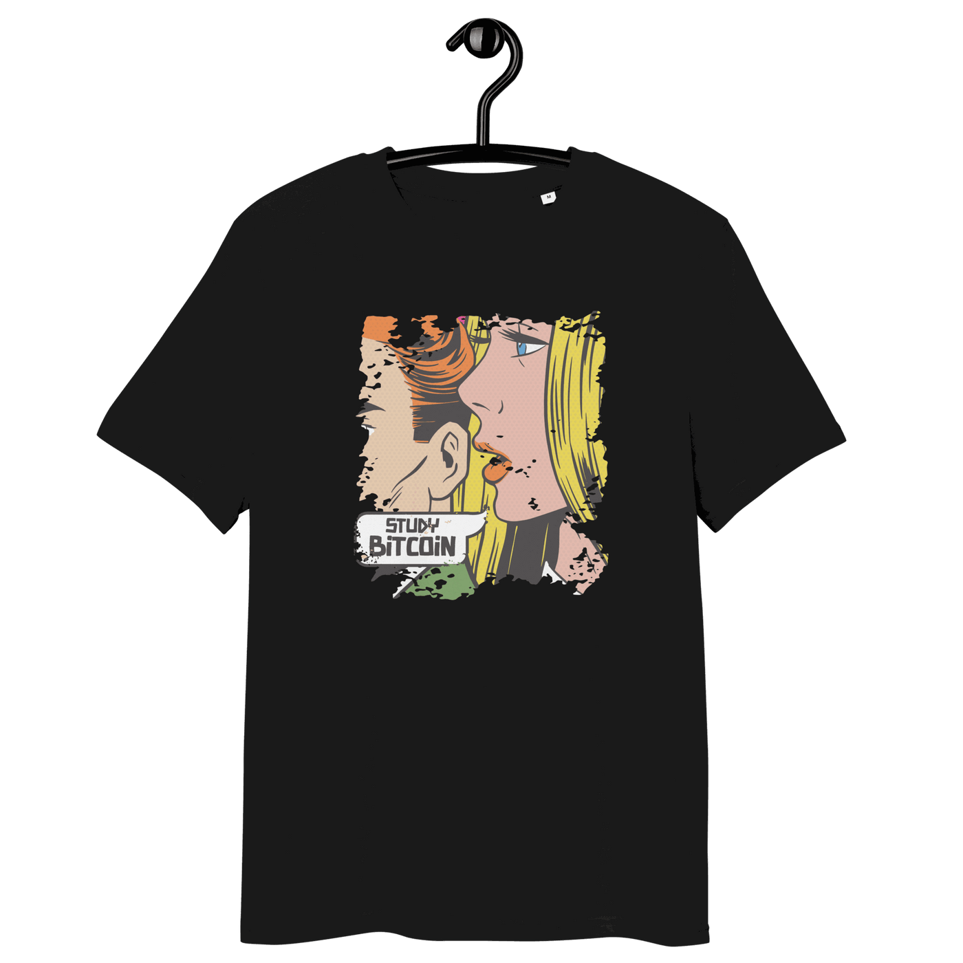 Organic cotton Comic Study Bitcoin t-shirt with certification logos and educational message on bitcoin.