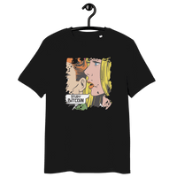 Organic cotton Comic Study Bitcoin t-shirt with certification logos and educational message on bitcoin.