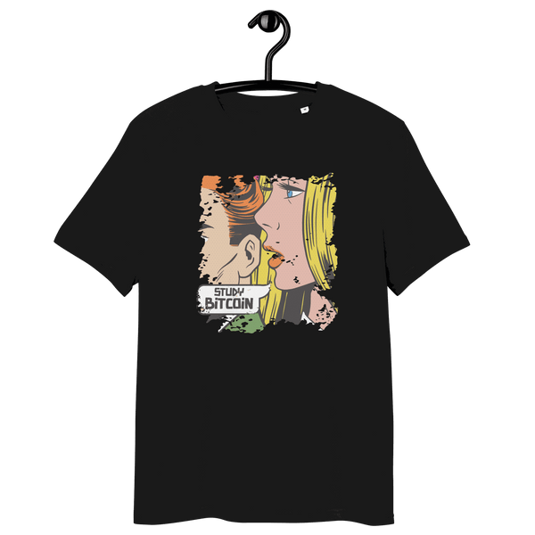 Organic cotton Comic Study Bitcoin t-shirt with certification logos and educational message on bitcoin.