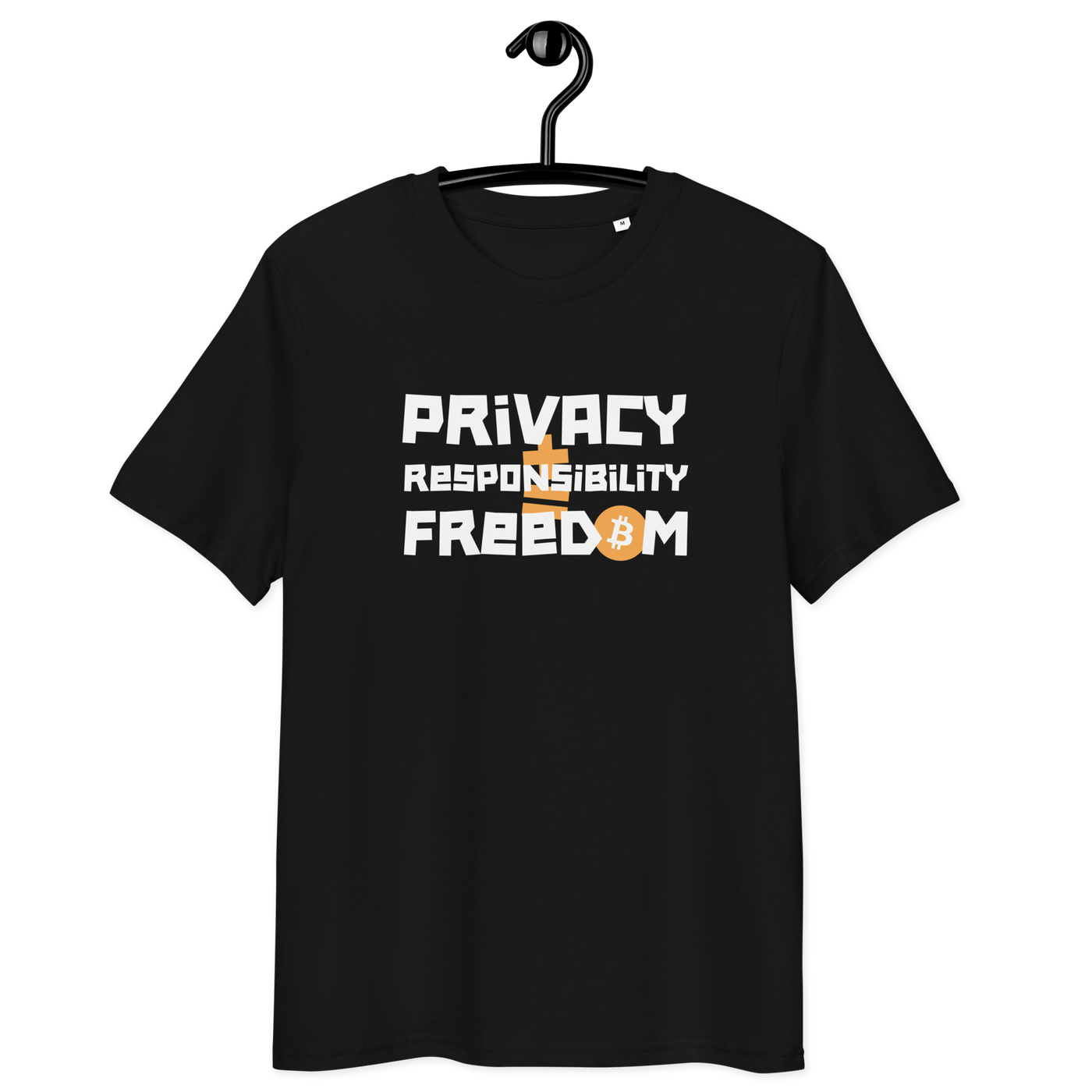 Organic cotton Bitcoin t-shirt with privacy responsibility freedom message and eco-friendly certifications