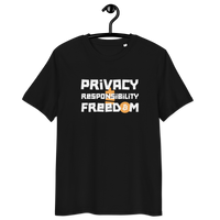 Organic cotton Bitcoin t-shirt with privacy responsibility freedom message and eco-friendly certifications