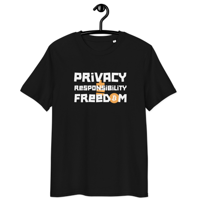 Front view of a black bitcoin t-shirt.