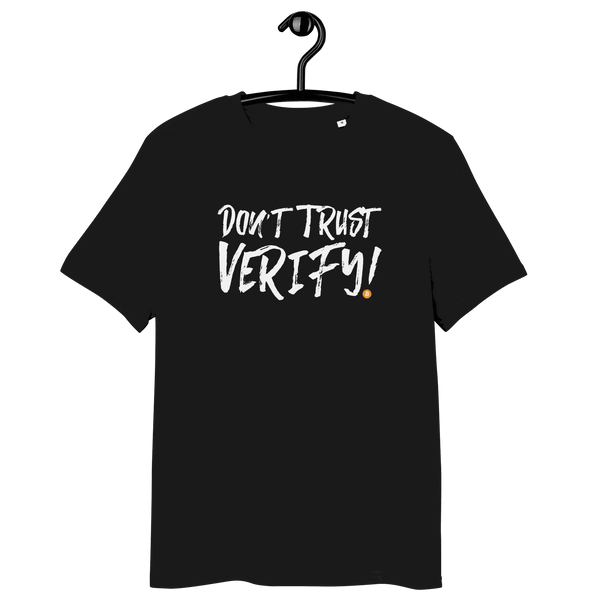 Certification logos for organic cotton Bitcoin t-shirt promoting Don't Trust Verify message