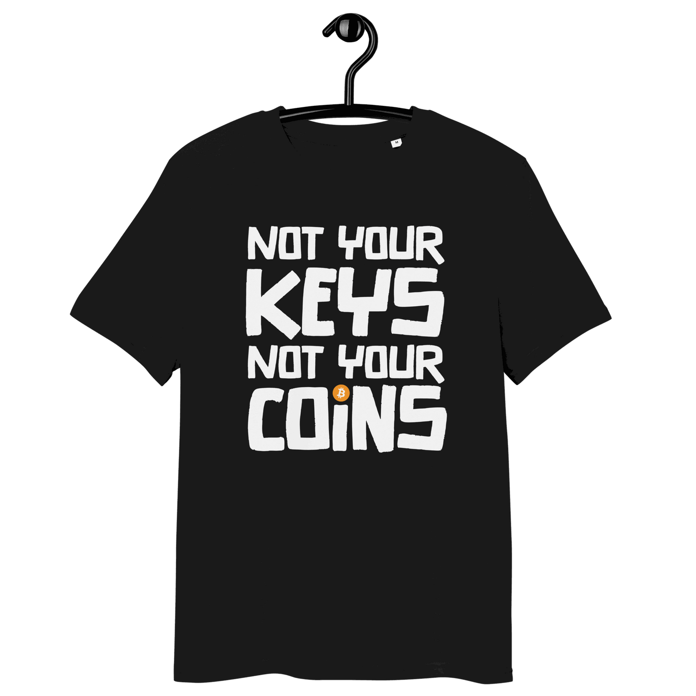 Not your Keys not your Coins organic cotton bitcoin t-shirt with sustainable certification logos