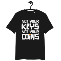 Not your Keys not your Coins organic cotton bitcoin t-shirt with sustainable certification logos