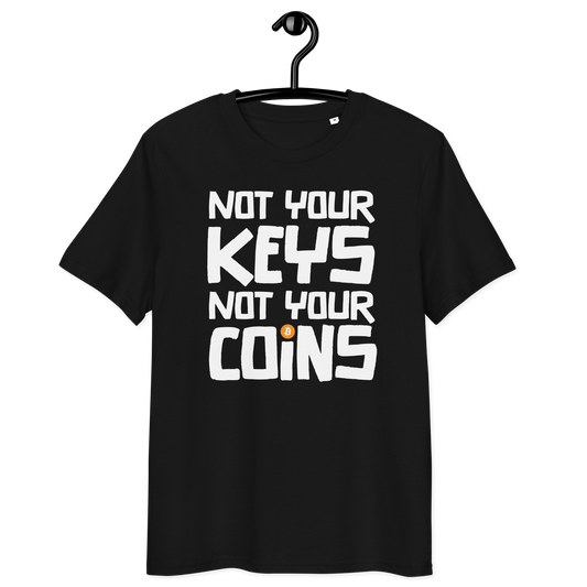 Front view of a black bitcoin t-shirt.