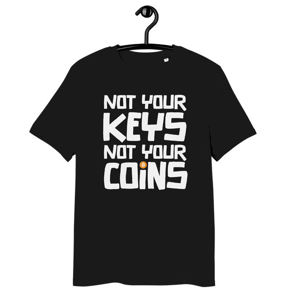 Not your Keys not your Coins organic cotton bitcoin t-shirt with sustainable certification logos