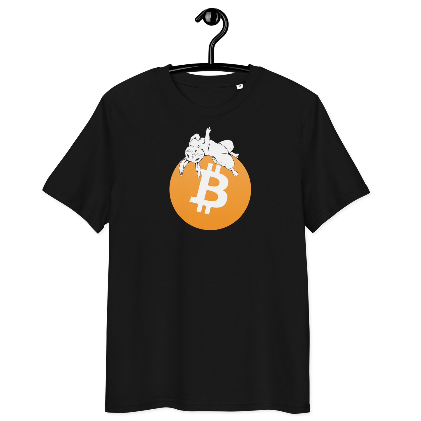 Front view of a black bitcoin t-shirt.