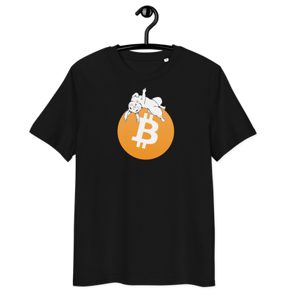 Front view of a black bitcoin t-shirt.