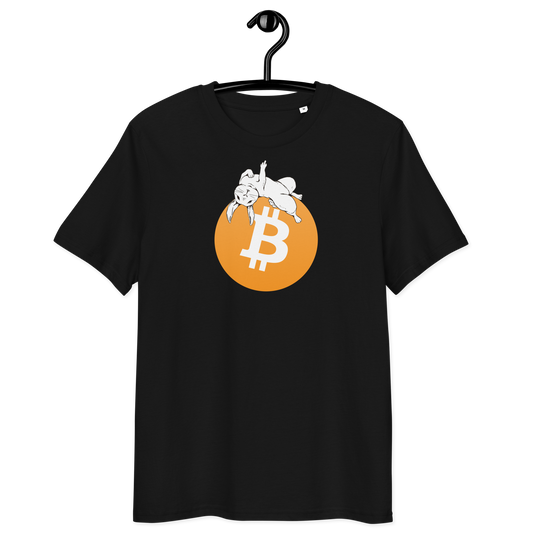 Front view of a black bitcoin t-shirt.