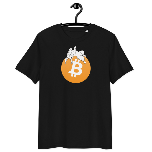 Organic cotton white rabbit bitcoin t-shirt with anti-fiat message and certification logos